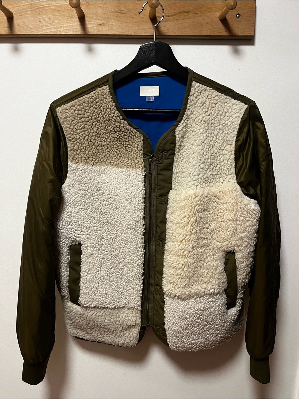 MOTHER Olive Green and Cream Sherpa-Front Bomber Jacket